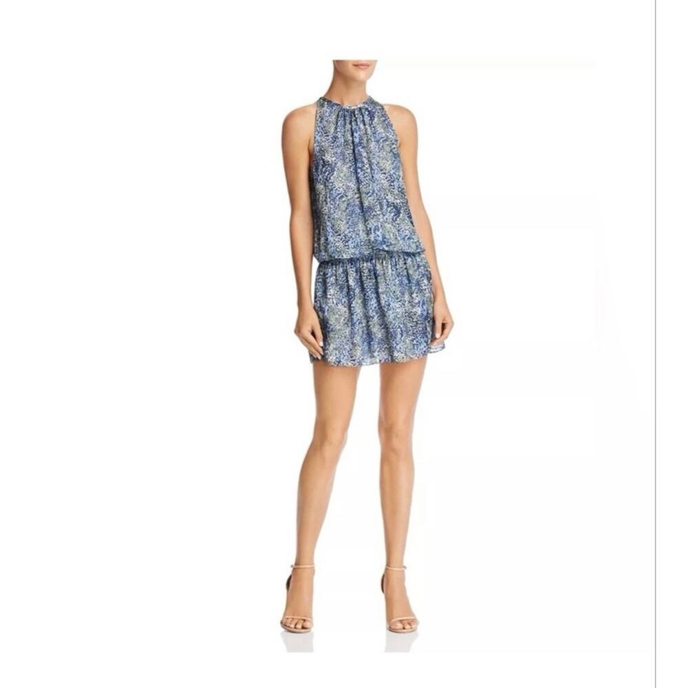 Ramy Brook Paris Smocked Mini Blouson Dress Large Silk Blue Green Women’s SMALL